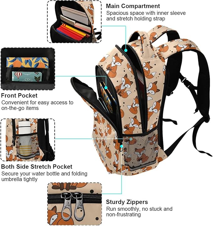 MNSRUU School Backpack with Chest Strap, Cute Fox Laptop Backpack, Travel Hiking Backpack for Boys Girls, Rucksack, Knapsack