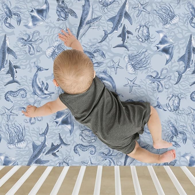 Retro Marine Animals Baby Crib Sheets Boy Girl 28"x52" Whale Dolphin Jellyfish Sea Horse Turtle Coral Soft Snug Fitted Crib Mattress Cover Ocean Animal Baby Sheet for Standard Crib & Toddler Mattress