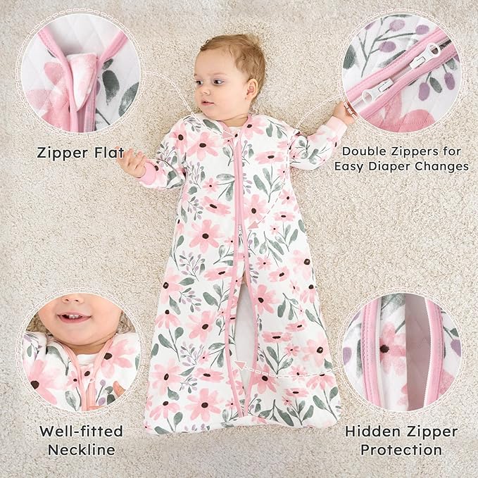 Yoofoss Baby Sleep Sack 6-12 Months 1.0 Tog Long Sleeve Sleep Sack Organic Cotton Wearable Blanket for Infants 2-Way Zipper Quilted Sleeping Sacks(Medium)