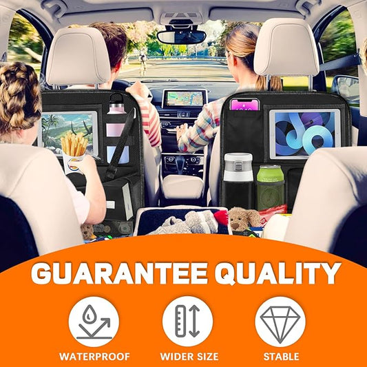 DUWAI Backseat Car Organizer with Table Tray,12 Pockets Storage Organizer with Tablet Holder,Car Seat Organizer with Car Tissue Holder,Kick Mats Protector For Kids,Travel Accessories(2-Pack)