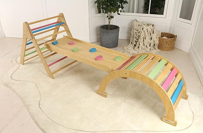 Avenlur Hazel 5-in-1 Indoor Climbing Gym - Waldorf and Montessori Climbing Set with Triangle Ladder, Climbing Ramp, Arch Climber, Rocker, and Slide - Montessori Toys for Children 18mo to 7yr (Colored)