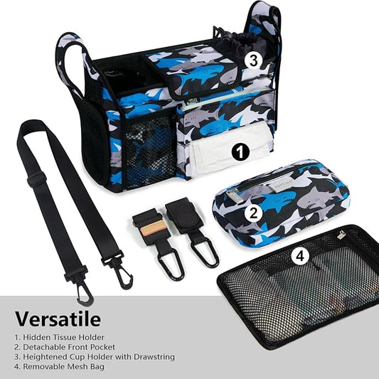 TOPDesign Universal Baby Stroller Organizer, Stroller Caddy with Detachable Mesh Bag & Heightened Insulated Cup Holders & Non-Slip Secure Hooks Accessories, Fits Most Strollers (Sharks)