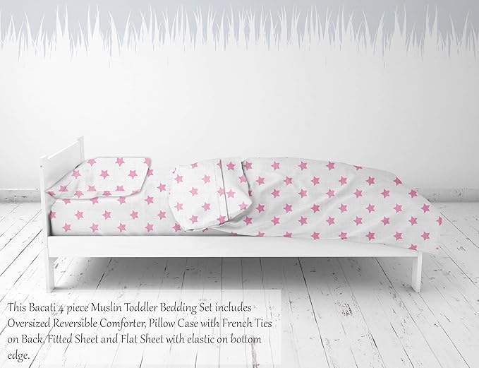 Bacati - Muslin Ikat Stars 4 Piece Girls Toddler Bedding Set 100 Percent Cotton Includes Reversible Comforter, Fitted Sheet, Top Sheet, and Pillow Case (4 pc Toddler Bedding Set, Pink Stars)