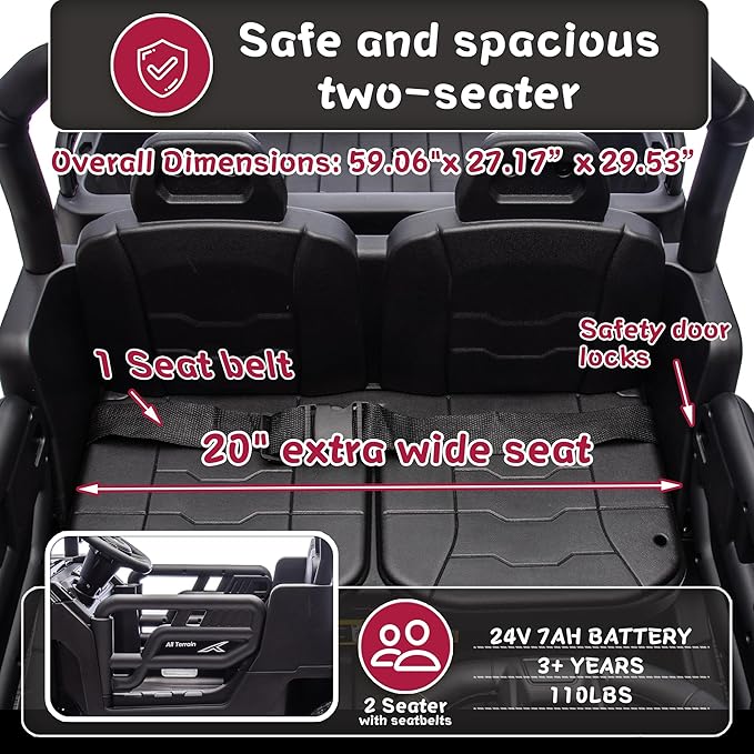 24V 2 Seater 4WD 6x6 Ride On Dump Truck with Remote Control, Ride on Toys for Big Kids with 20inch Seat, 3 Speeds, 4X100 Motors, Music, Ride on Truck for Toddler Boys Girls, Black