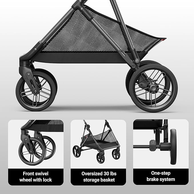 MAMAZING Air Lux Baby Stroller, Strength Carbon Fiber Frame & Only 15.8lbs, Newborn Stroller with Car Seat Adapter, One-Hand Compact Folding & Reversible Seat, Infant Insert & Cup Holder Included
