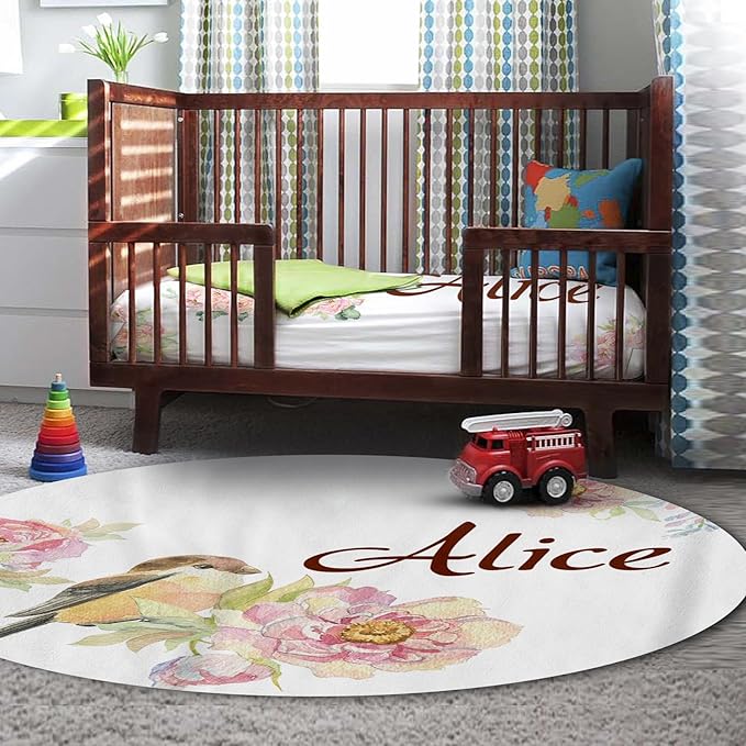 Personalized Crib Bedding Set, Custom Name Baby Bedding 5-Pcs Set - Blanket Fitted Sheet Changing Pad Cover Nursery Rug Wall Art, Pink Floral Bird Nursery Decor for Newborn Girls