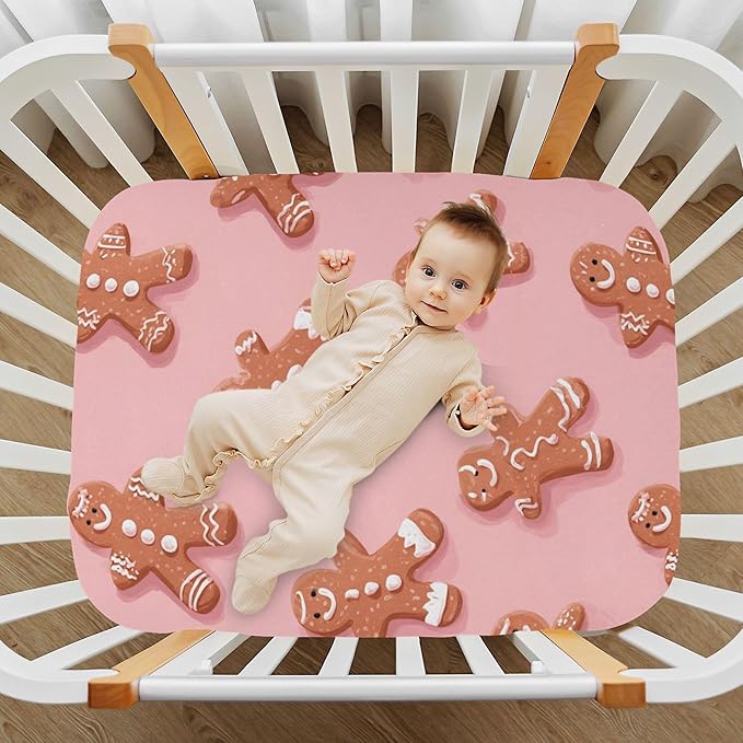 Christmas Gingerbread Pinks Cute Crib Sheets Soft Breathable Fitted Baby Crib Sheets Mattress Cover for Girls Boys, 52" x 28" x 9"