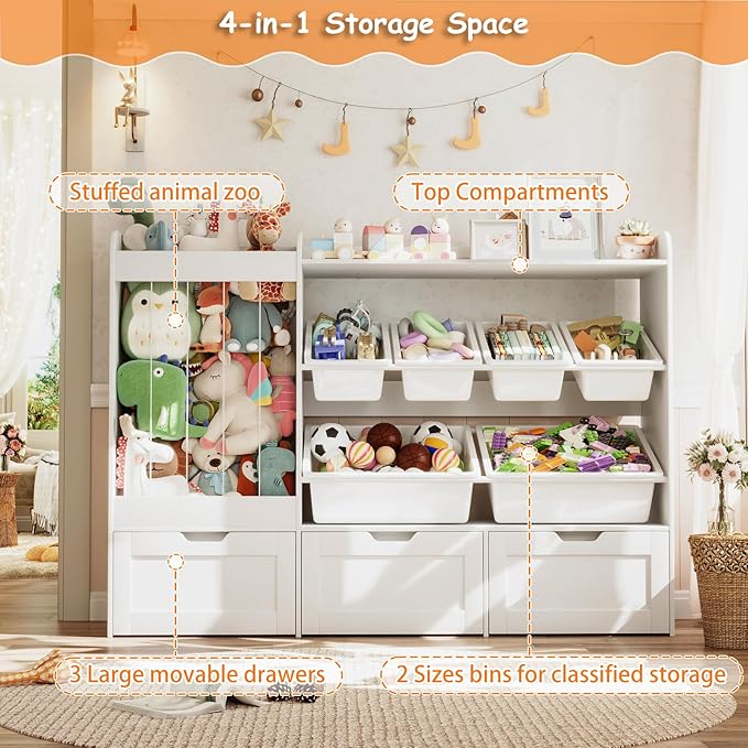 VortinT Kids Stuffed Animal Storage, 50.6" W x 41.3" H Large Toy Organizer Shelf with 6 Plastic Bins, 3 Rolling Drawers, Wooden Toddler Toy Organization Shelves for Play Room, Nursery(White)
