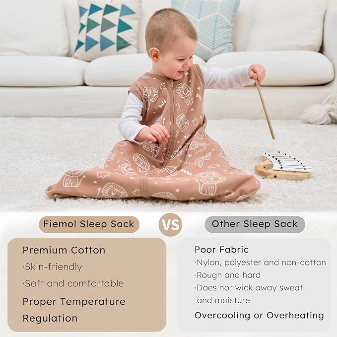 Baby Sleep Sack 0-6 months, 100% Cotton Sleeping Sack for Newborn and Infant, 3 Pack Baby Wearable Blanket, 0.5 Tog Lightweight Double Zipper Sleep Bag Small Brown Green Lion