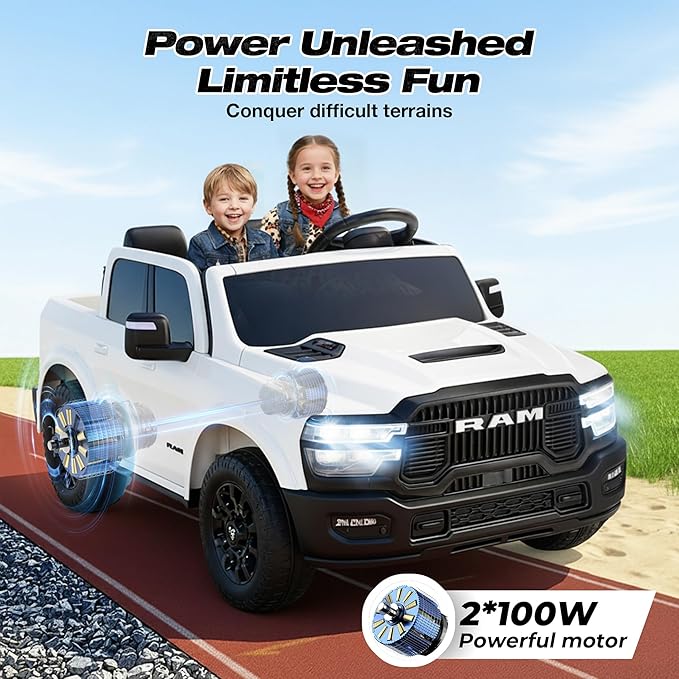 FUNTOK 24V 2 Seater Ride On Truck for Big Kids, Licensed RAM 2500 Kid's Electric Vehicles w/Remote Control, LED Light/Music/MP3/Bluetooth, Truck Bed Storage, Carry Wheels & Handle, Car for Kids 3-8