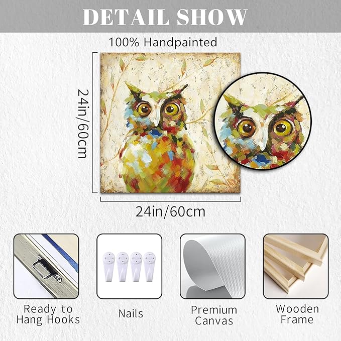 Funny Animal Owl Oil Paintings Canvas Wall Art for Kid's Room Decoration Wall Decor Ready to Hang 24x24 inch