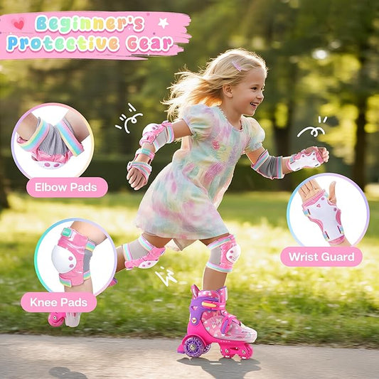 Knee Pads for Kids - ZOOBLISS Toddler Knee and Elbow Pads Set Wrist Guards for Skating Girls Aged 3-12, Kids Protective Gear for Roller Skates Skateboard Bike Scooter, Included Drawstring Bag(Rainbow)
