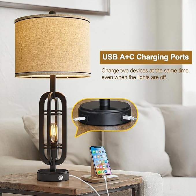 G-SAFAVA 27.25'' Table Lamps Set of 2 for Living Room Bedroom Industrial Farmhouse Metal Touch Lamps with USB A+C Ports, Night Light Vintage Nightstand Bedside Lamp, Bulbs Included, Black
