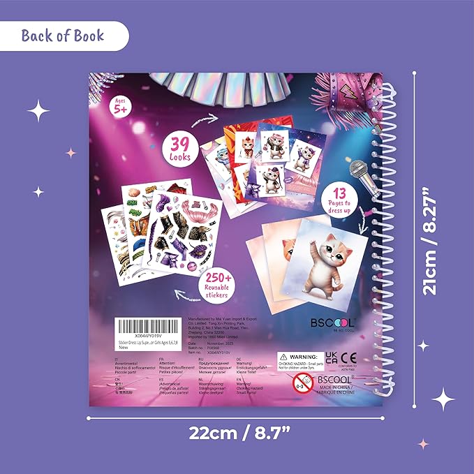 Sticker Dress Up Superstar Kitten - Kids Activity Book Learn Fashion Design for Kitten with Guides and 270+ Reusable Stickers. Gift for Girls Ages 5,6,7,8