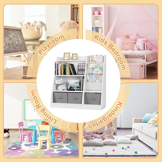 HedoAjim White Kids Bookshelf Wood Montessori Toy Storage Organizer Cabinet Shelf Child Bookcase Toddler Baby Sling Book Rack 3 Cube Bin Fabric Drawers for Playroom Bedroom Nursery School