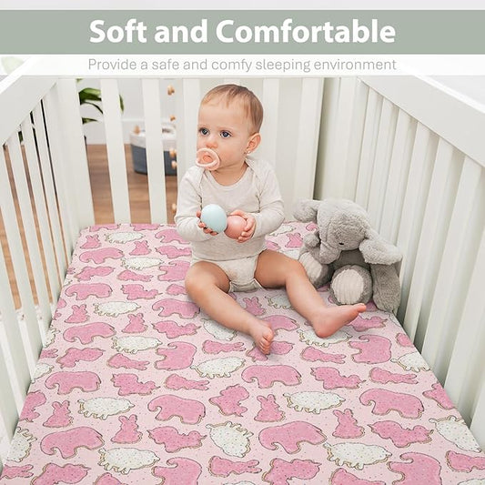 Pink Animal Cookie Baby Crib Sheets for Boy Girl 52"x28" Cute Frosted Animal Cookie Soft Snug Fitted Crib Mattress Cover Circus Animal Biscuits Baby Sheet for Standard Crib & Toddler Bed Mattress