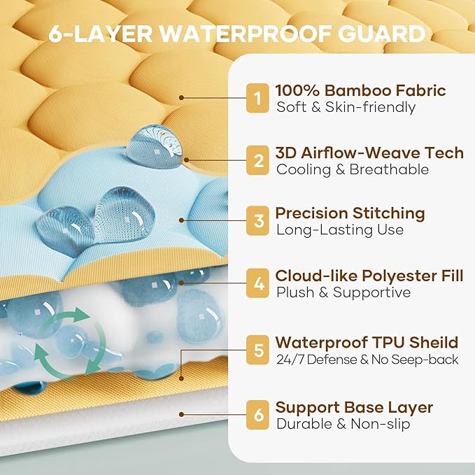 OhGeni 100% Waterproof Mattress Protector,Queen Size Mattress Soft Pad,Hair & Bedwetting Resistant,Cooling Breathable Fitted Sheets,Washable Bed Cover,Non-Slip Deep Pocket,Noiseless for Bedroom,Yellow