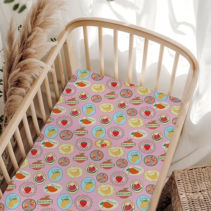 Fruits Summer Preppy Baby Crib Sheets for Girl 52x28Inch Cute Tropical Fruits Stamp Soft Snug Fitted Crib Mattress Cover Retro Summer Beach Nursery Baby Sheet for Standard Crib & Toddler Bed Mattress