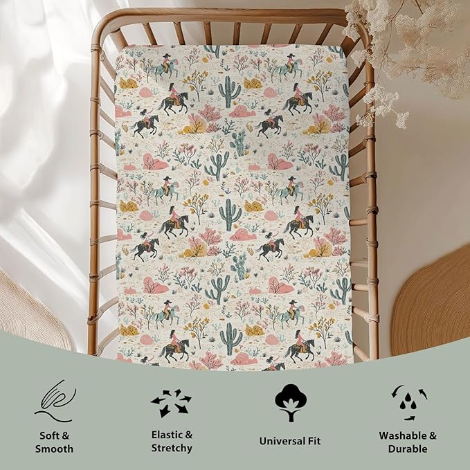 Western Cowgirl Cactus Baby Crib Sheets for Boy Girl 28"x52" Retro Cowgirl Horse Trees Leaves Soft Stretchy Fitted Crib Mattress Cover Wild West Baby Sheet for Standard Crib and Toddler Mattress