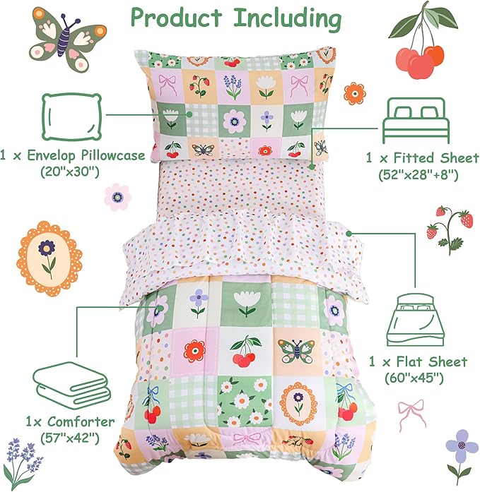 Mooreeke 4 Pieces Toddler Bedding Set - Green Floral Butterfly Toddler Comforter Sets for Girls, Includes Comforter, Flat Sheet, Fitted Sheet and Pillowcase, Bed in A Bag for Baby Bedroom
