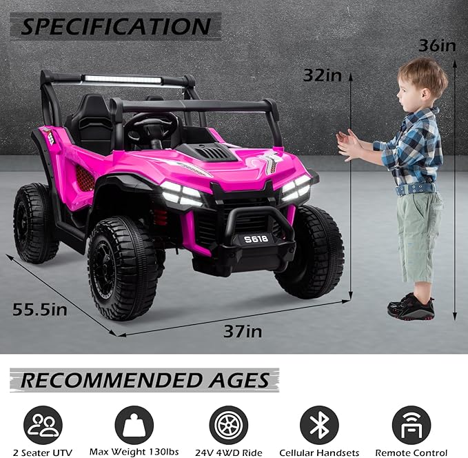 MOLACHI 24V Kids Ride on UTV Car,4WD Battery Powered Electric Vehicle for Kid, 2 Seater Ride On Truck with Remote Control,Safety Belts,3 Speeds,Bluetooth (Pink)