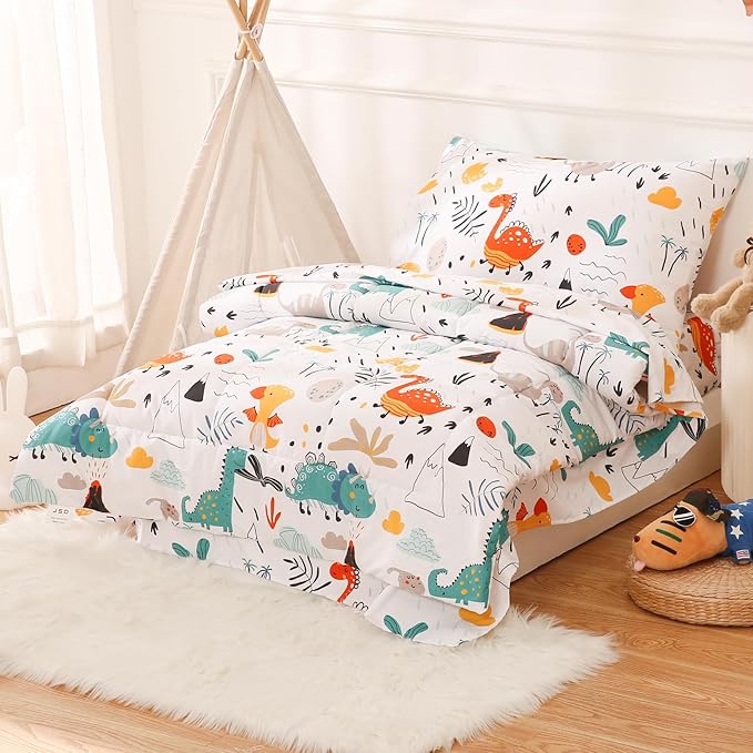JSD Dinosaur Toddler Bedding Set, 4 Piece Bed-in-a-Bag Toddler Comforter Sheet Set, All Season Machine Washable