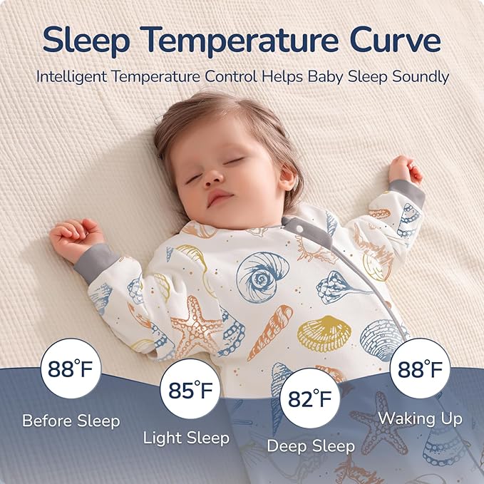 Baby Sleep Sack 18–24 Months, Cotton Sleep Sack with Detachable Long Sleeves, 1.0 TOG Wearable Blanket for Cooler Nights, 2-Way Zipper Toddler Sleeping Sack with Temperature Strip, Ocean