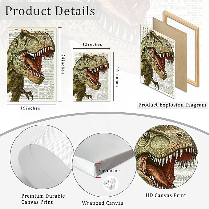 Ovczax 3 Pieces Dinosaur Canvas Wall Art - Tyrannosaurus Rex, Triceratops, Velociraptor Decor For Kids Room Game Room, Living Room, Bedroom 16" x 12"