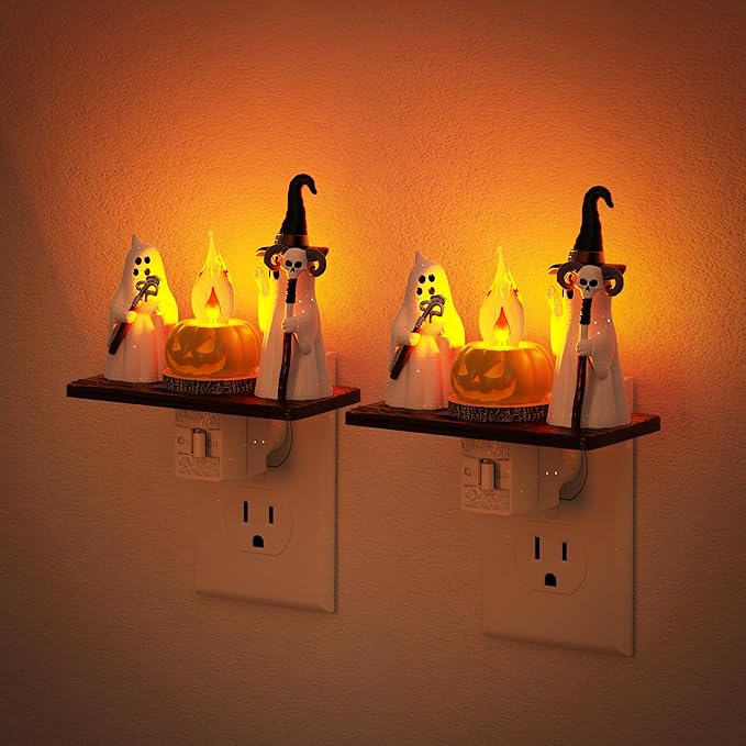 Halloween Night Light,Amber Night Lights Plug into Wall,Cute & Funny Flaming Jumping Night Light,Ghost & Pumpkin Plug in Nightlight with 360° Rotatable for Kids Halloween Party Decor,2 Pack