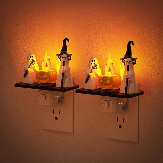 Halloween Night Light,Amber Night Lights Plug into Wall,Cute & Funny Flaming Jumping Night Light,Ghost & Pumpkin Plug in Nightlight with 360° Rotatable for Kids Halloween Party Decor,2 Pack