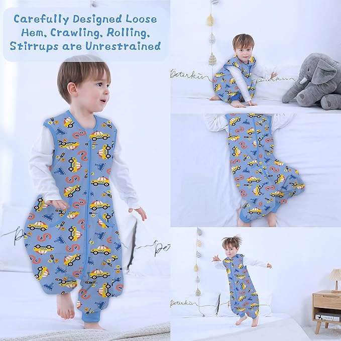 Toddler Sleeping Sack, Toddler Sleep Sack with Feet, Walker Wearable Blanket, Sleep Sack with Legs,0.5Tog（Y Car 9M-2T）