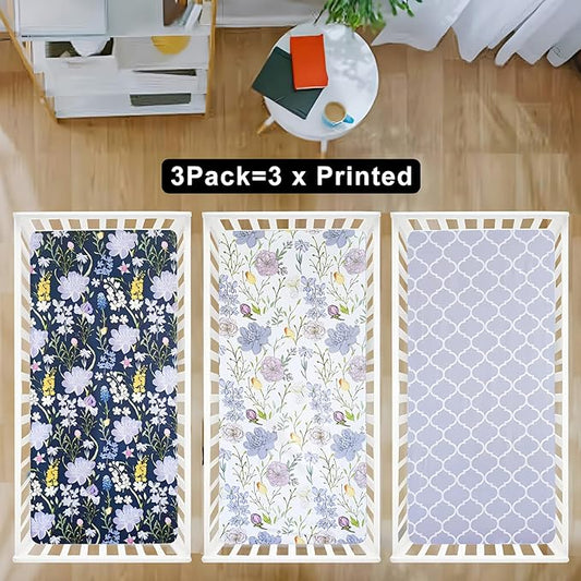 AMROSE 3 Pack Soft Floral Crib Sheets for Baby Girls, 28'' X 52'' Fitted Crib Sheets for Crib and Toddler Mattress Pad, Silk Touch Gentle Breathable Microfiber, Violet