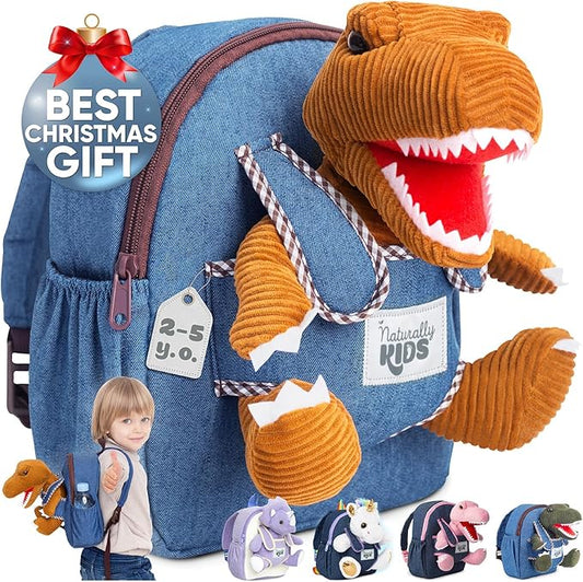Naturally KIDS 【Upgraded】 Toddler Backpack with Detachable Dinosaur Toy for Boys | Side & Inner Pockets, Reflective Logo | Dinosaur Backpack for Kids 3-5