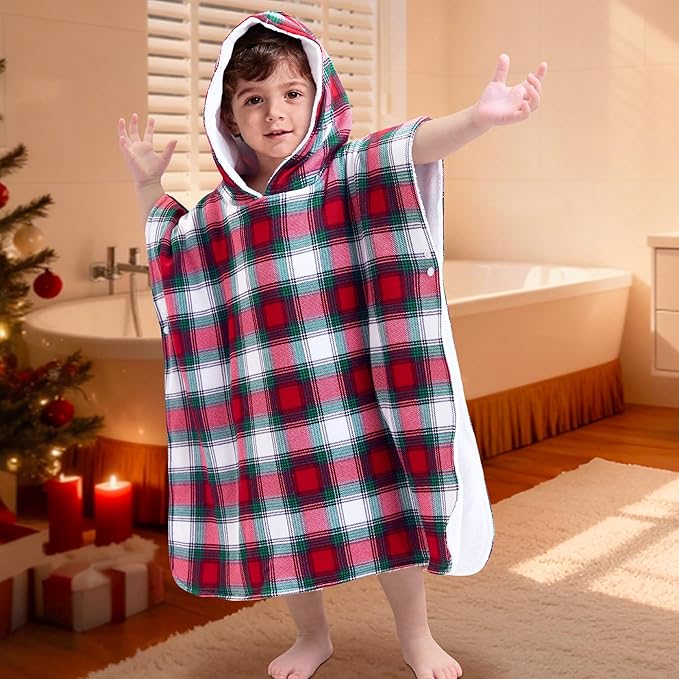 VOOVA & MOVAS Double-Layered Baby Hooded Towel Poncho (2-4 Years, 20x21 Inches) | Ultra Soft & Absorbent Cotton | Thick Toddler Bath Towel for Swimming, Beach, Shower & Winter, Red Bufflo