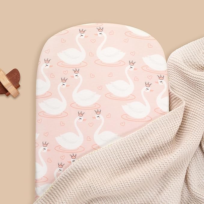 TILLYOU Baby Bassinet Sheets for Girls Boys, Fit for Hourglass Oval Rectangle Bassinet Mattress Sheets, 33”X16”, 2 Pack Swan Dance and Pink