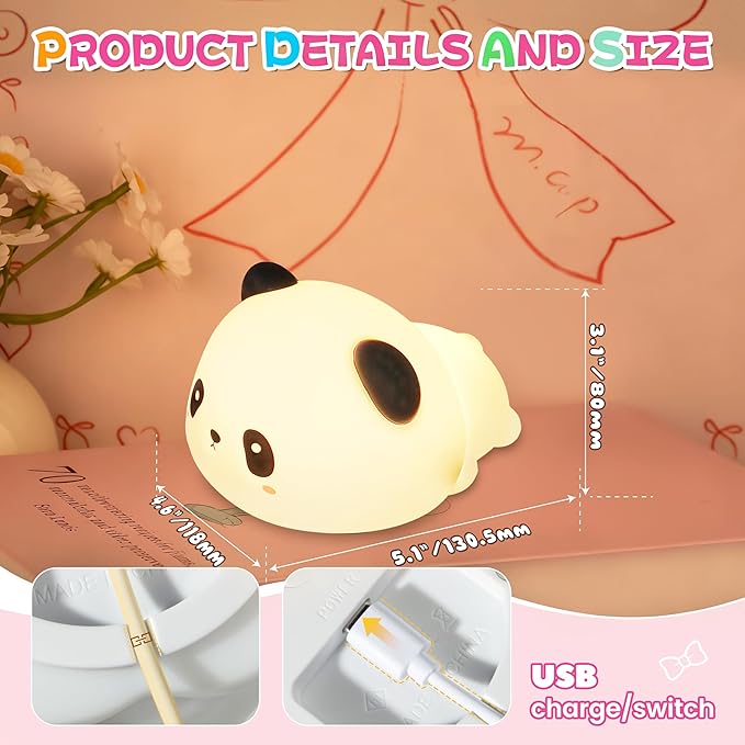 loatme Night Light for Kids, Rechargeable Dimmable Silicone LED Nightlight with 7 Colors, Baby Nursery Night Lamp, Touch Squishy Lamp, Cute Gifts for Girls, Boys, Toddler Room Decor, Lying Panda
