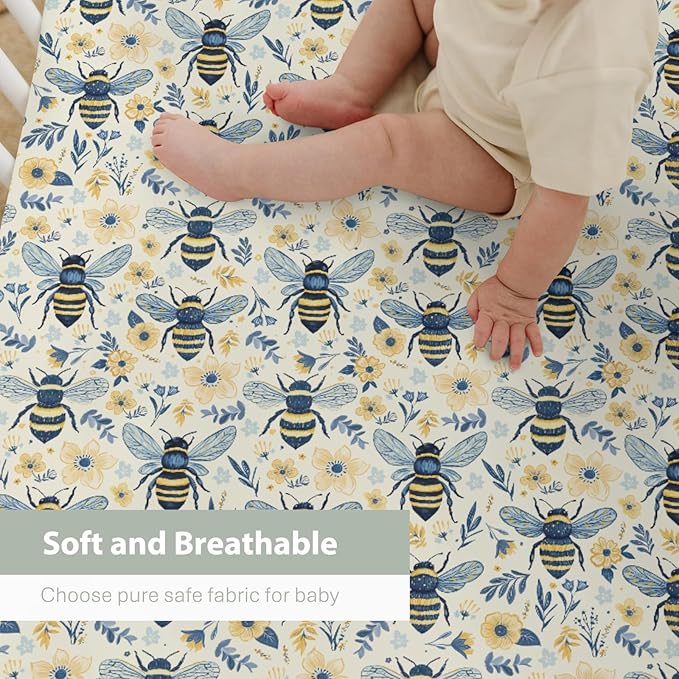 Bees Flowers Baby Crib Sheets for Boy Girl 52"x28" Vintage Bees Boho Wildflowers Soft Stretchy Fitted Crib Mattress Cover Bee Floral Spring Summer Baby Sheet Fits Crib and Toddler Bed Mattresses