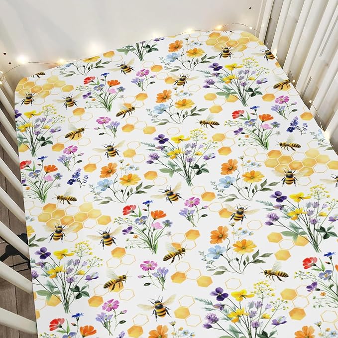 Boho Wildflower Bees Honeycomb Baby Crib Sheets for Boy Girl 52x28Inch Watercolor Honeybee Floral Soft Snug Fitted Crib Mattress Cover Summer Baby Sheet for Standard Crib and Toddler Bed Mattress