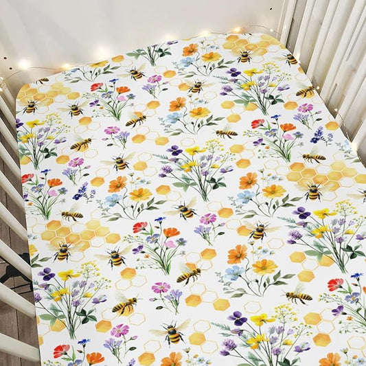 Boho Wildflower Bees Honeycomb Baby Crib Sheets for Boy Girl 52x28Inch Watercolor Honeybee Floral Soft Snug Fitted Crib Mattress Cover Summer Baby Sheet for Standard Crib and Toddler Bed Mattress
