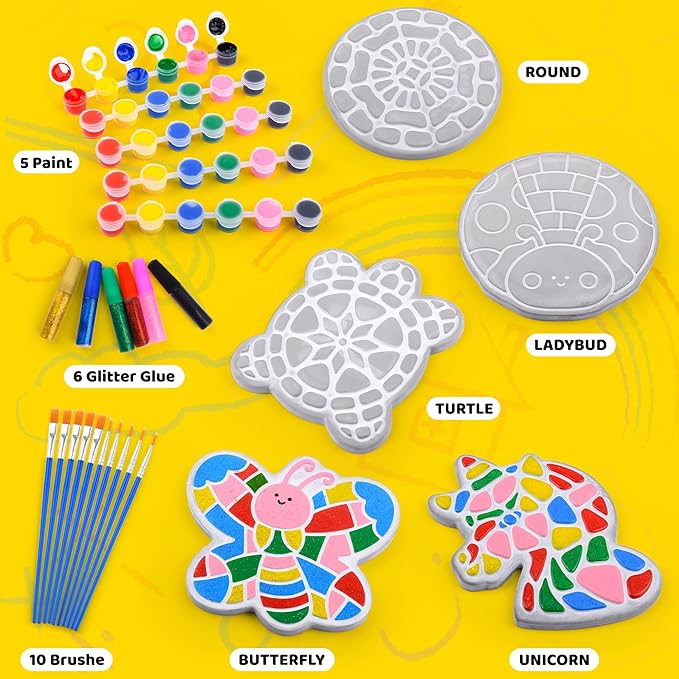 Chiozgi Stepping Stones Painting Kit for Kids, Crafts for Kids Ages 4-8, DIY Garden Stone Outdoor Crafts Paint Your Own Arts and Crafts, Perfect Keepsake, Birthday Party Idea for Children