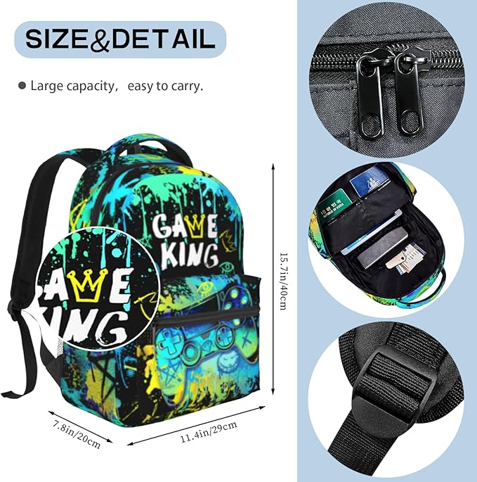 Nebcog School Backpack for Boys Splash Gamer Boys Backpack for Kids Children Elementary Middle School Video Game Bookbag Backpacks for 6-18 Waterproof Lightweight 17 Inches Travel Back Pack