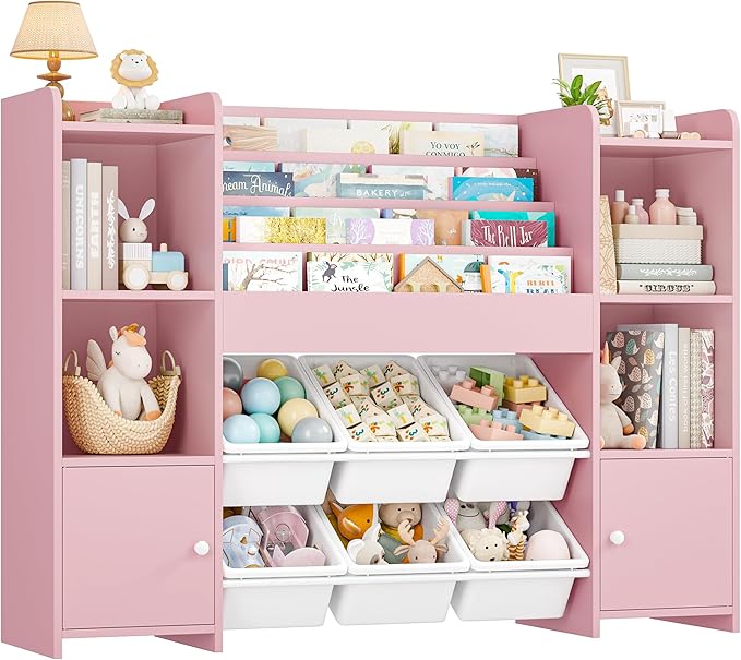 FINETONES Toy Storage Organizer with 6 Toy Bins, Toy Organizer Kids Bookshelf with 6 Cubbies, Toy Organizers and Storage Bins Playroom Storage for Kids Room, Pink