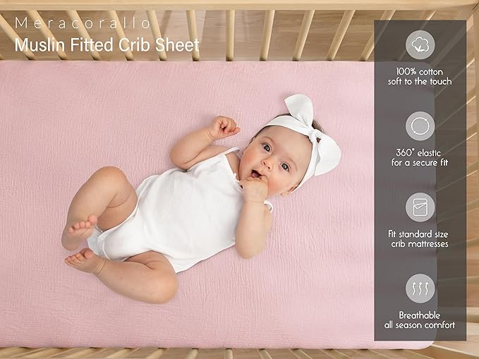 Meracorallo Muslin Crib Sheet, 100% Cotton Fitted Crib Sheet 28x52 Soft and Breathable Baby Boys Girls Cover for Standard Crib and Toddler Mattresses, Pink