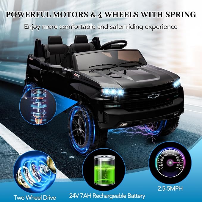 Hetoy 24V 2-Seater Truck Licensed Chevrolet Silverado Ride On Car Toy w/Parent Remote Control,4xSpring Suspension, 3 Speeds, Wireless Music, MP3 Player, Electric Vehicle Car for Kids, Black