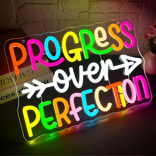 Progress Over Perfection Neon Sign for Wall Decor Dimmable Inspirational LED Neon Light for Classroom Decor Affirmation Positive Wall Art for Mental Health Gym Office Study Size 13.9 * 9.4in(GLNP242)