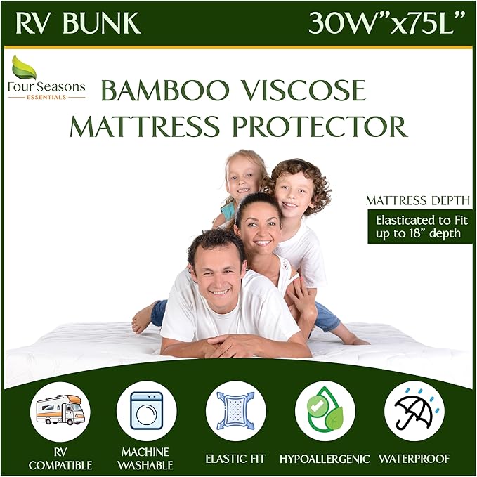Four Seasons Essentials RV Bunk Size Waterproof Mattress Protector - Cooling Viscose derived from Bamboo Fitted Sheet Mattress Cover - Quilted Jacquard Pad Protects from Dust Allergens