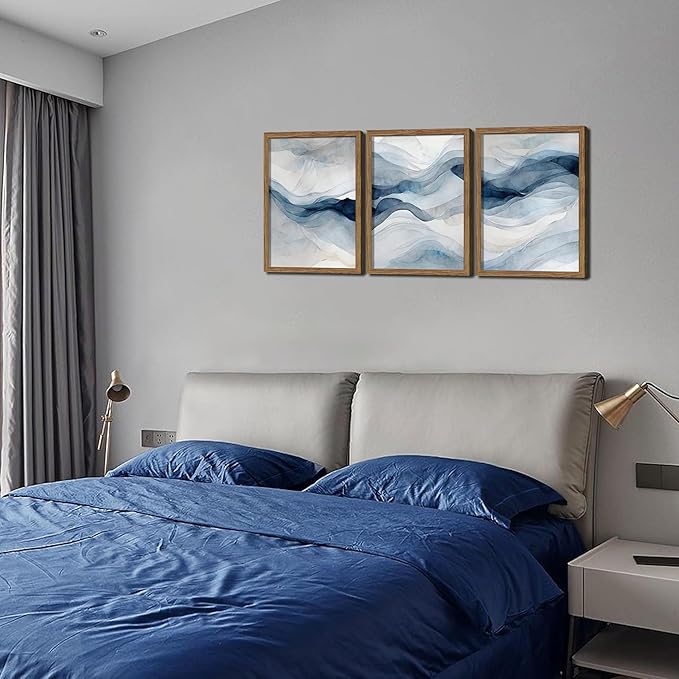Blue Abstract Wall Art, Modern Navy Blue Abstract Canvas Wall Decor Paintings, Neutral Minimalist Texture Posters Prints Pictures for Living Room Bedroom Office Home Decor 12x16 Inch Wood Framed