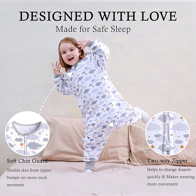 Toddler Sleep Sacks 2.5 TOG Winter Long Sleeve Sleep Sack with Legs 2-Way Zipper Baby Wearable Blanket