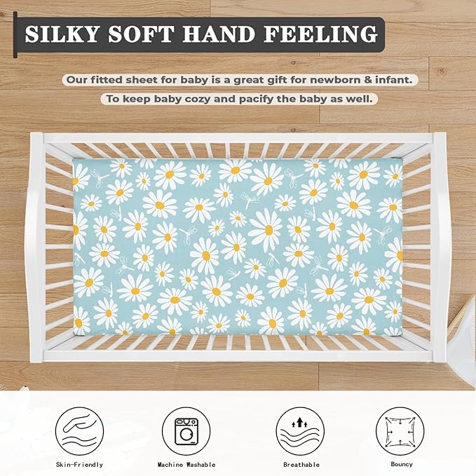 Daisy Flower with Dragonfly Fitted Crib Sheet for Girls Cute Floral Baby Sheet for Standard Crib and Toddler Blue White Nursery Bed Mattress Sheets 28"x52"