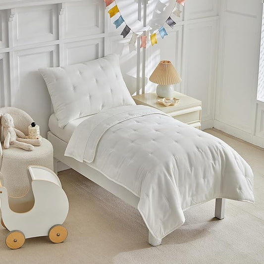 DuShow White 4 Piece Toddler Bedding Set for Boys Girls,Embroidery Microfiber Crib Bed Sheets Set Soft Boho Comforter Set Bed in a Bag, Include Quilted Comforter,Flat Sheet,Fitted Sheet,Pillowcase